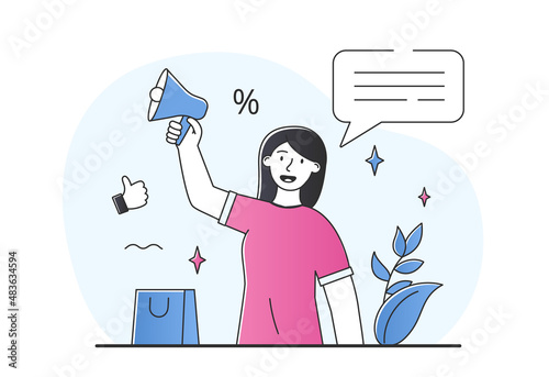 Screaming at megaphone. Girl encourages people to buy company products. Metaphor for social marketing and referral links. Marketing and advertising. Poster or banner. Cartoon flat vector illustration