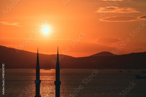 mosque sunset clouds religion lights ortakoy aliaga photo
