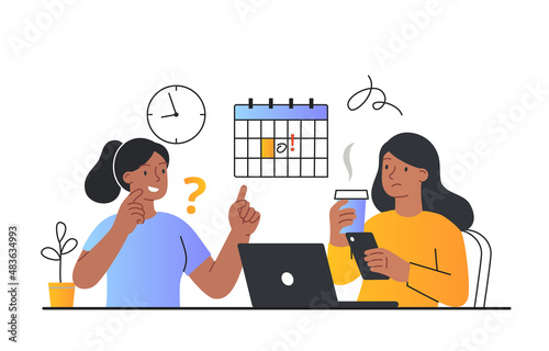 Concept of scheduling. Young girls in office, comfortable workplace. Time management and planning, goal setting, calendar and free dates. Colleagues and friends. Cartoon flat vector illustration