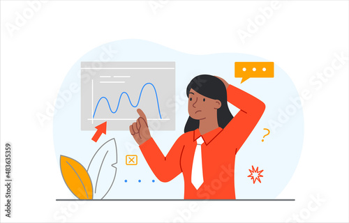 Woman thinking next to graph. Girl trying to understand reason for decline in income. Income Growth Issues, Analytics and Market Research. Employee looking for bug. Cartoon flat vector illustration
