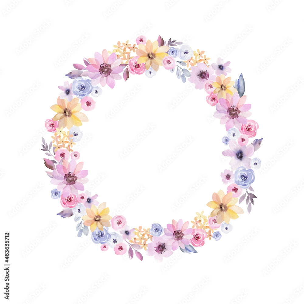 Watercolor flowers and leaves are collected in a wreath. Composition for your design, romantic watercolor frame for invitation or background. Watercolor flowers and leaves are collected in a wreath. Composition for your design, romantic watercolor frame for invitation or background.
