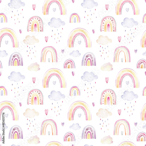 Watercolor pattern with multi-colored rainbows and rain. Repeating pattern on a white isolated background. Seamless pattern for fabric, wrapping paper, decoration for children and other purposes.