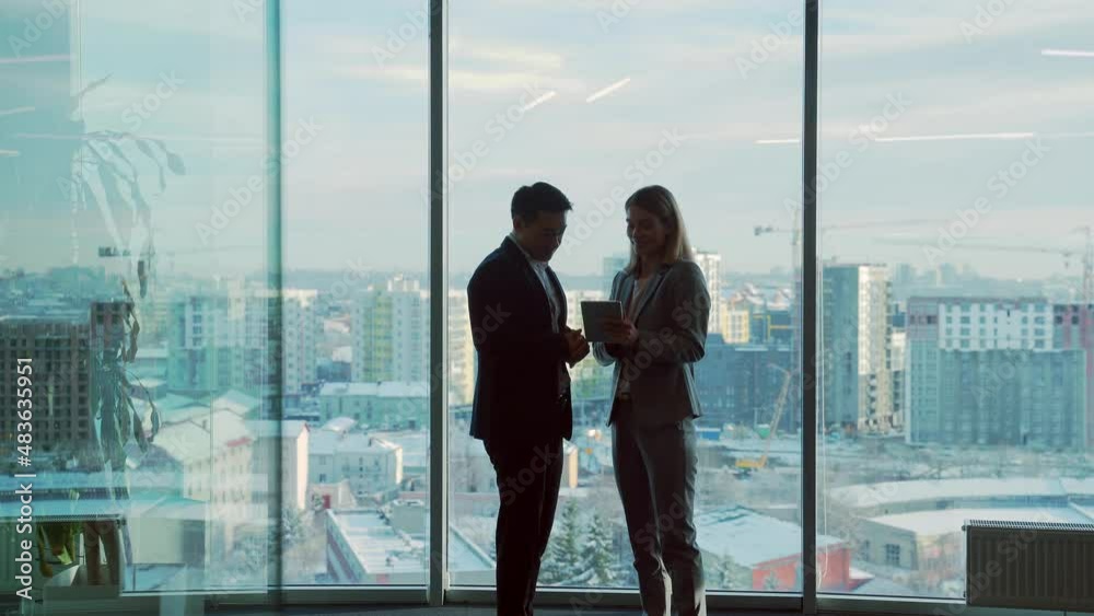 silhouette of meeting business partners in modern office room on standing near window background. Indoor. Asian man shakes hands with woman handshaking. Two businessmen talking negotiating discussion silhouette of meeting business partners in modern office room on standing near window background. Indoor. Asian man shakes hands with woman handshaking. Two businessmen talking negotiating discussion