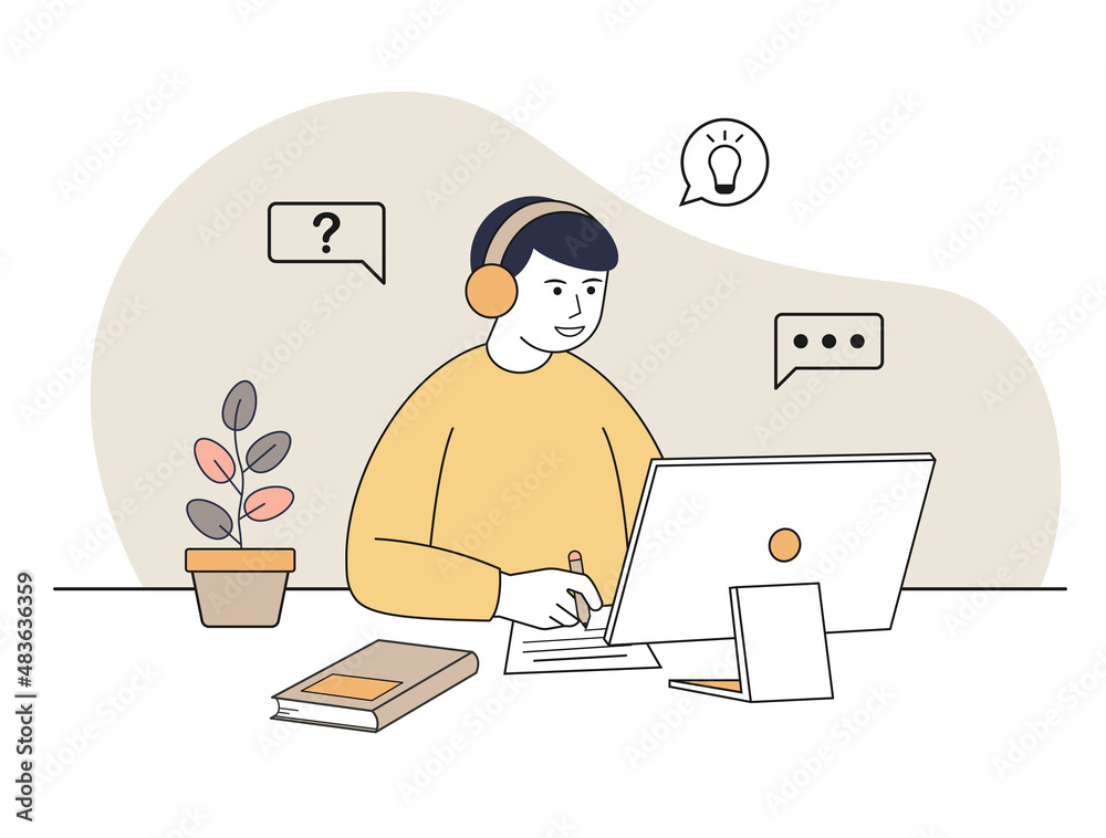 Online education concept. Man in front of a computer educating online. Vector flat linear style.