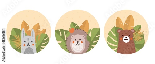 Set of animal. Collection of images with animals. Forest dwellers and wild life. Bear, hedgehog and rabbit. Social media sticker. Cartoon flat vector illustration isolated on white background