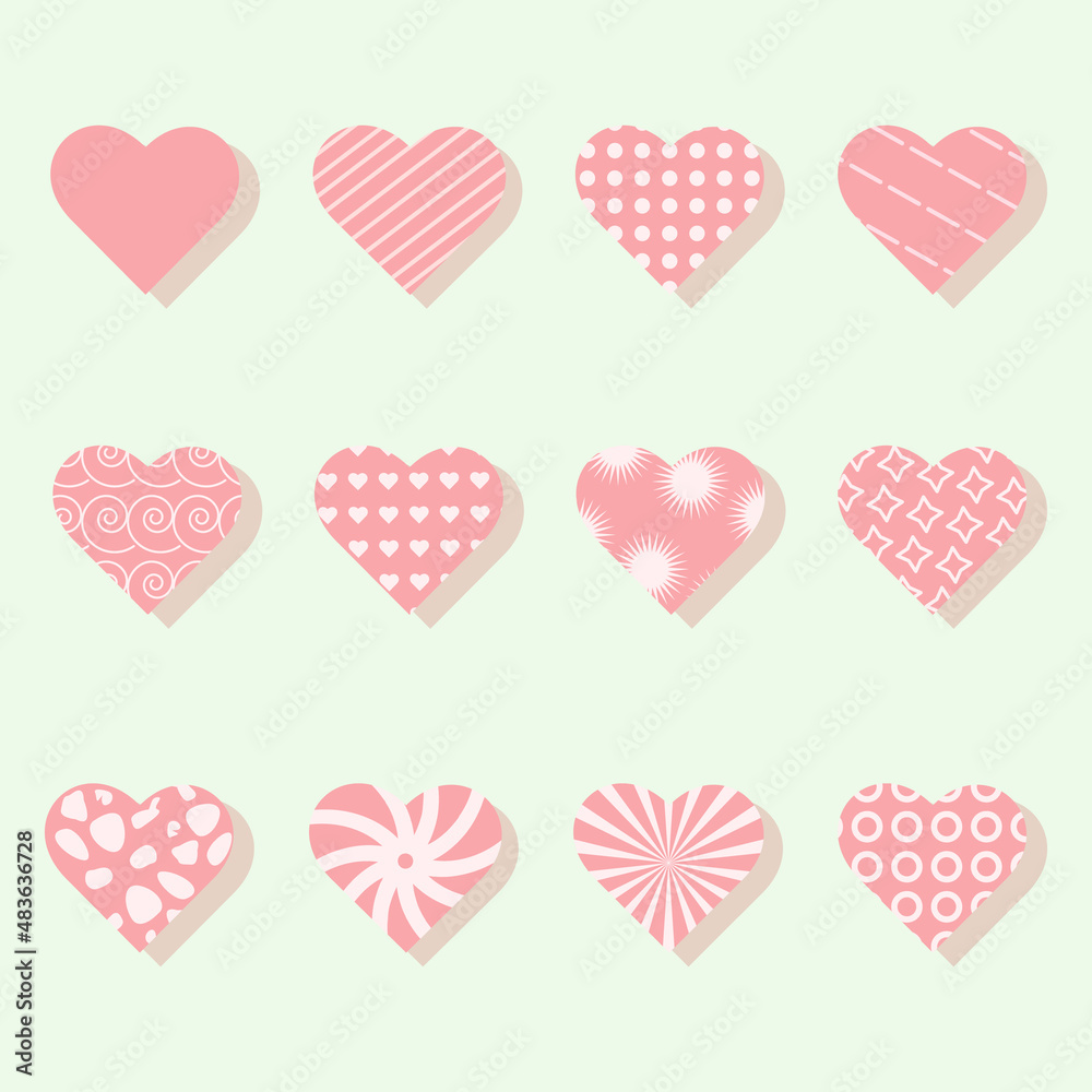 Hearts with different geometric patterns. Set of hearts with different ornaments. Pink hearts for valentine's day. Kit.