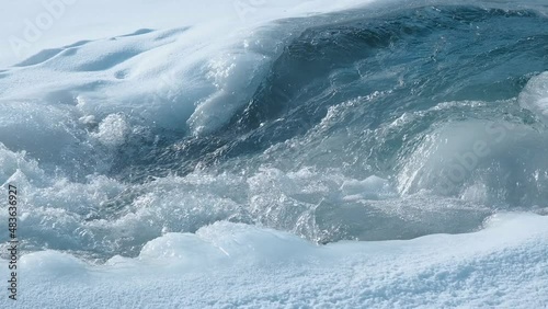 Close up of clean water flowing in a wild mountain river. Foamy river. Turquoise water covered with ice and snow. Pure water is the source of life. Picturesque view of the emerald colored river.