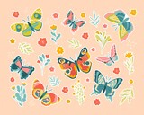 Butterflies and flowers stickers. Icons for social networks. Nature, insects flora and fauna. Cute bright pictures for childrens. Cartoon flat vector illustration isolated on pink background