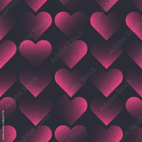Romantic Valentine's Day Background Vector. Stipple Modern Hearts Pink Black Grid Seamless Pattern Abstract Wallpaper. Aesthetic Dotted Heart Graphic Love Symbol Repetitive Wrapping Paper Texture