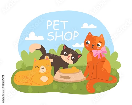 Cats on grass. Stylish design for animal kennel. Cute characters eat in nature. Comfort and convenience  care. Marketing and promotion banner for pet stores. Cartoon flat vector illustration