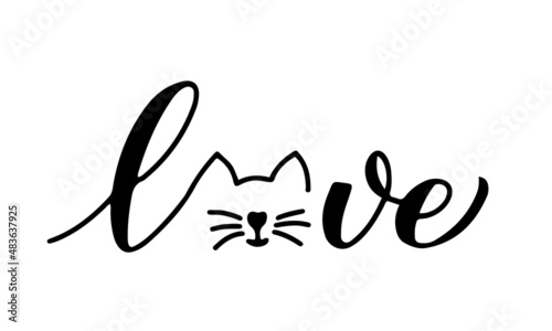 Love cat calligraphy lettering. Pet lover concept. Vector template for typography poster, banner, sticker, t-shirt, etc