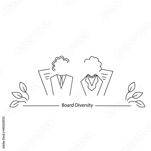 Board Diversity concept - female and minority diverse directors requirements. ESG concept of environmental, social and governance; sustainable development. Vector line art illustration 10 EPS