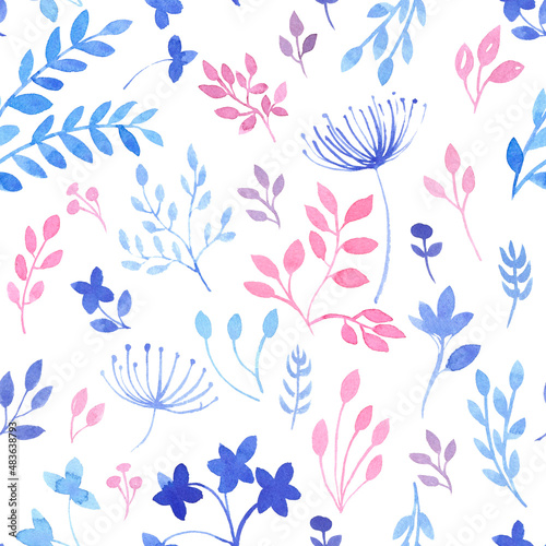 Watercolor seamless pattern with with pink and blue leaves and flowers. Hand painting floral background. Modern leaves design for fabric, wallpaper, surface, cards and templates. Nature background