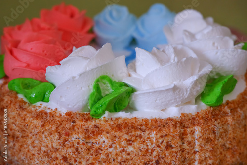cake close-up. beautiful flowers on a birthday cake.