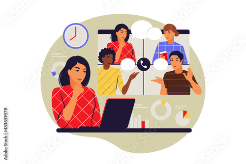 Remote meetings concept. Video conference, remote work concept. Vector illustration. Flat.