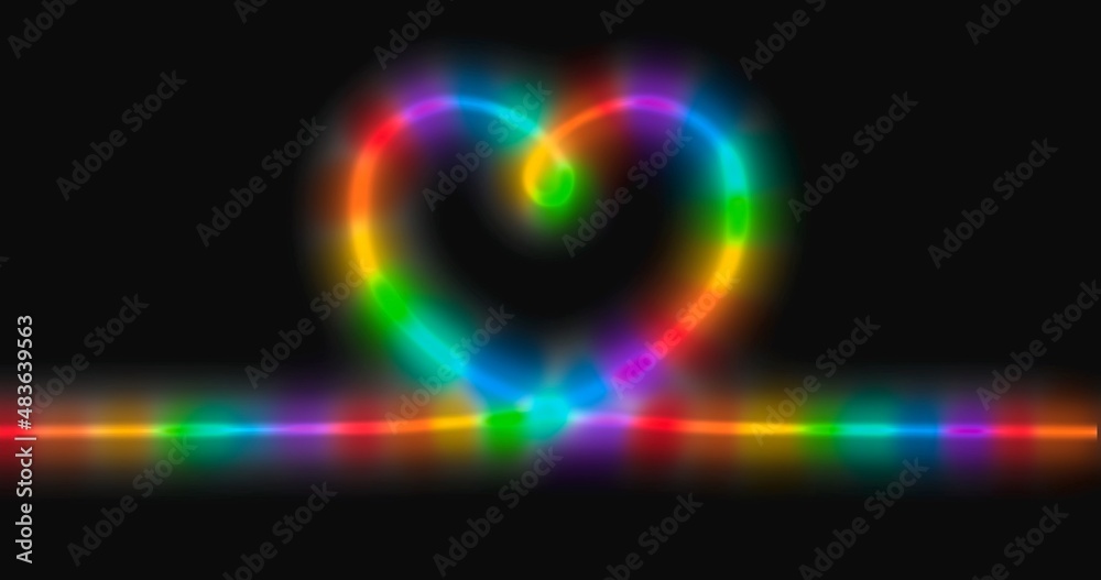 lgbt Rainbow neon heart shape lights. Line art love symbol.Valentines day abstract colorful. Retro neon Love sign on black background