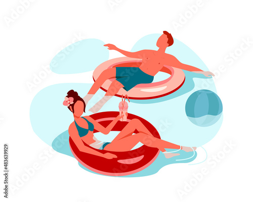 Couple relaxing and resting together in swim rings in the pool. Young couple on their honeymoon or vacation. Outdoor recreation during summer holidays. Vector illustration isolated on white