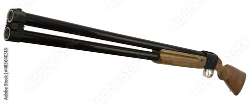 double-barreled hunting rifle with a wooden butt on a white background