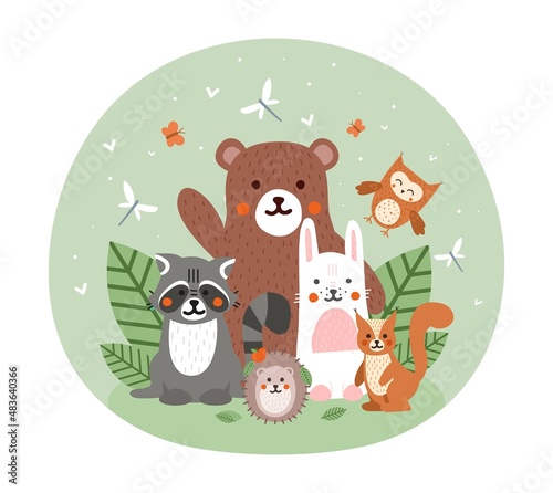 Happy together animals. Raccoon, bear, hare, owl and hedgehog. Forest dwellers waving their hands, friendly and cute characters for children. Badge for school bags. Cartoon flat vector illustration