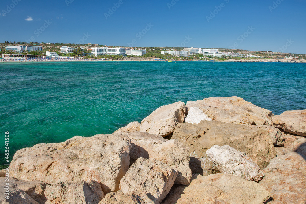 Ayia Napa cityscape with beaches and luxury hotels, Cyprus.