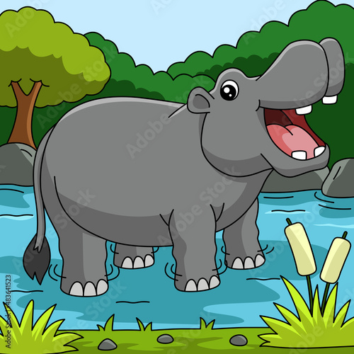 Hippo Cartoon Vector Colored Illustration