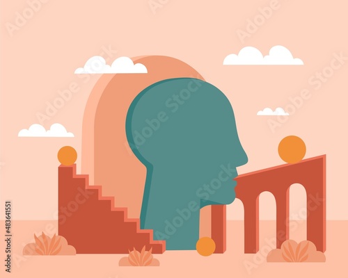 Mental health concept. Abstract minimalist images. Head silhouette next to stairs. Geometric figures. Internal balance and psychology. Imagination and philosophy. Cartoon flat vector illustration