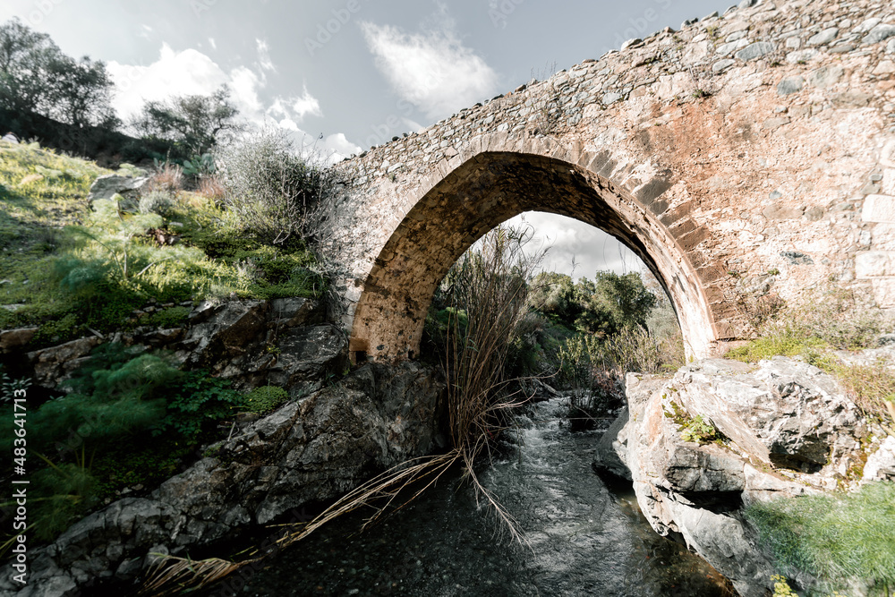 Medieval Venetian stone bridge of Akapnou over Vasilikos river. Limassol District, Cyprus