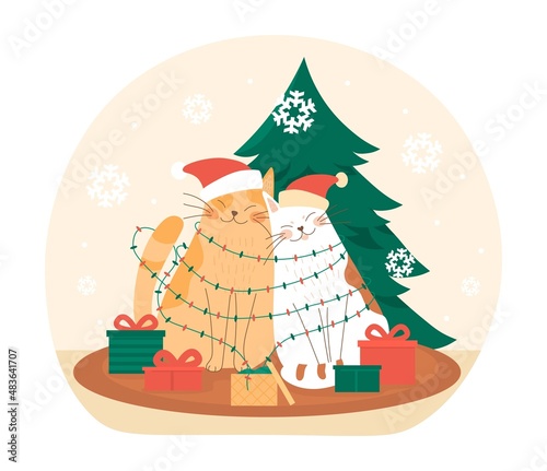 New year cats. Cute pets sitting tied with garland next to Christmas tree. Holiday invitation and greeting cards. Pictures for children, winter season and New Year. Cartoon flat vector illustration