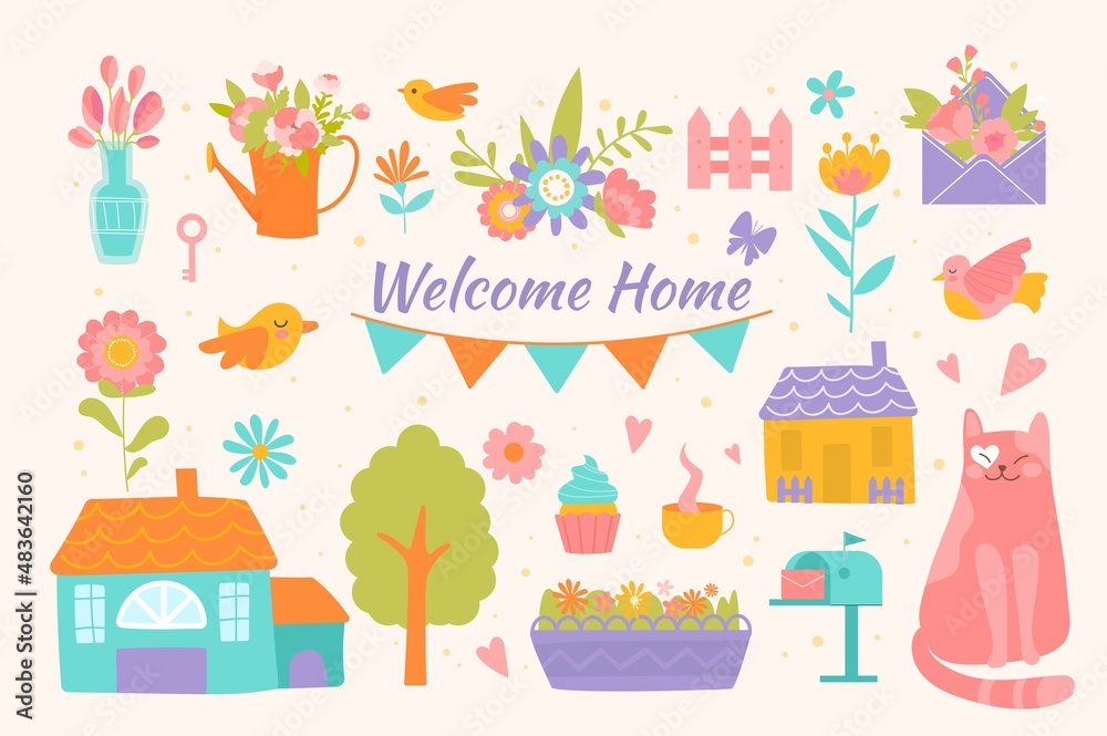 Sweet home set. Collection of icons and graphic elements for site. Everyday things, interior decorations. Stickers for social networks. Cartoon flat vector illustrations isolated on white background