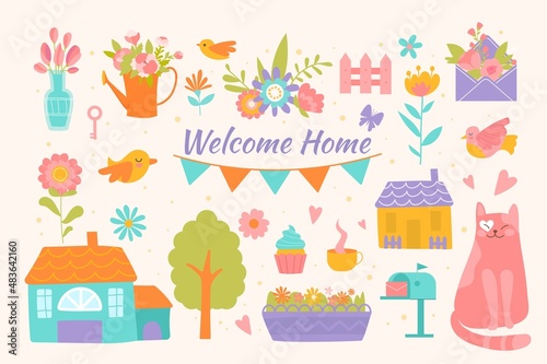 Fototapeta Naklejka Na Ścianę i Meble -  Sweet home set. Collection of icons and graphic elements for site. Everyday things, interior decorations. Stickers for social networks. Cartoon flat vector illustrations isolated on white background