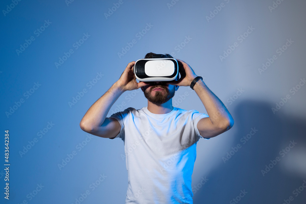 Man wearing virtual reality goggles. VR technology concept. Augmented reality, future technology concept. VR.