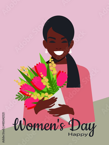 A stylish African-American beauty with dark skin and long hair tied in a ponytail holds a bouquet of flowers in her hands. Greeting card for Women's Day March 8. Vector.