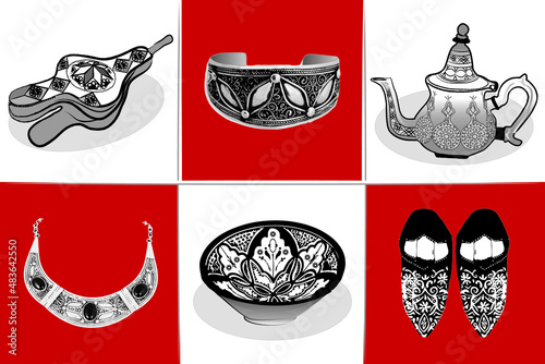 Morocco travel collection of icons Vector isolated illustration, Moroccan cultural symbols SET