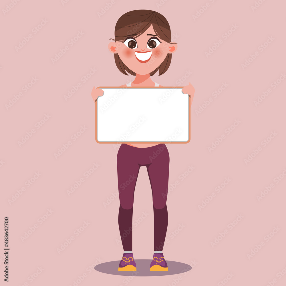 Young healthy woman holding a whiteboard character. Young healthy woman holding a whiteboard character.