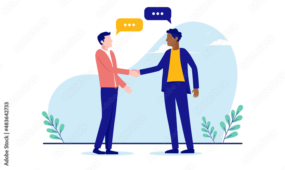 Casual business handshake - Two men shaking hands over deal and agreement. Flat design vector illustration with white background
