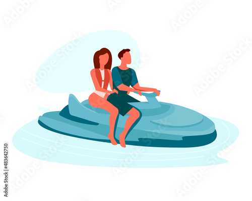 Couple riding jet ski. Outdoor vacation on summer holidays. Young man and woman doing water sport together. Vector illustration isolated on white