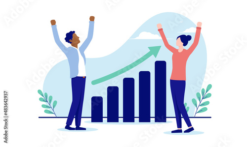 Happy with business results - Two people cheering and celebrating rising chart. Successful small business concept. Flat design vector illustration