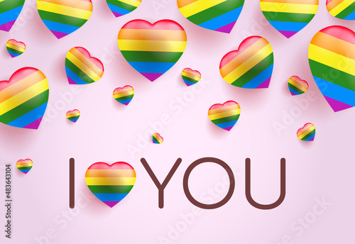 I love you. Lettering with rainbow 3d heart. LGBT community. Gay concept for poster, card, web design. Vector illustration isolated on white background