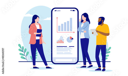 People looking at charts and result - Man and women analysing charts and graphs together. Business results concept. Flat design vector illustration