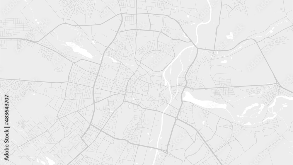 White and light grey Poznań city area vector background map, roads and water illustration. Widescreen proportion, digital flat design.