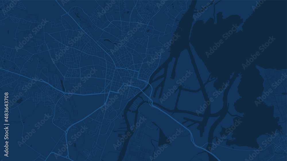 Dark blue Szczecin city area vector background map, roads and water illustration. Widescreen proportion, digital flat design.
