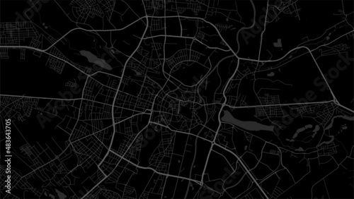 Dark black Poznań city area vector background map, roads and water illustration. Widescreen proportion, digital flat design.
