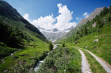 Beautiful summer lanscape. Hiking through Alps mountains. Travel by Switzerland.
