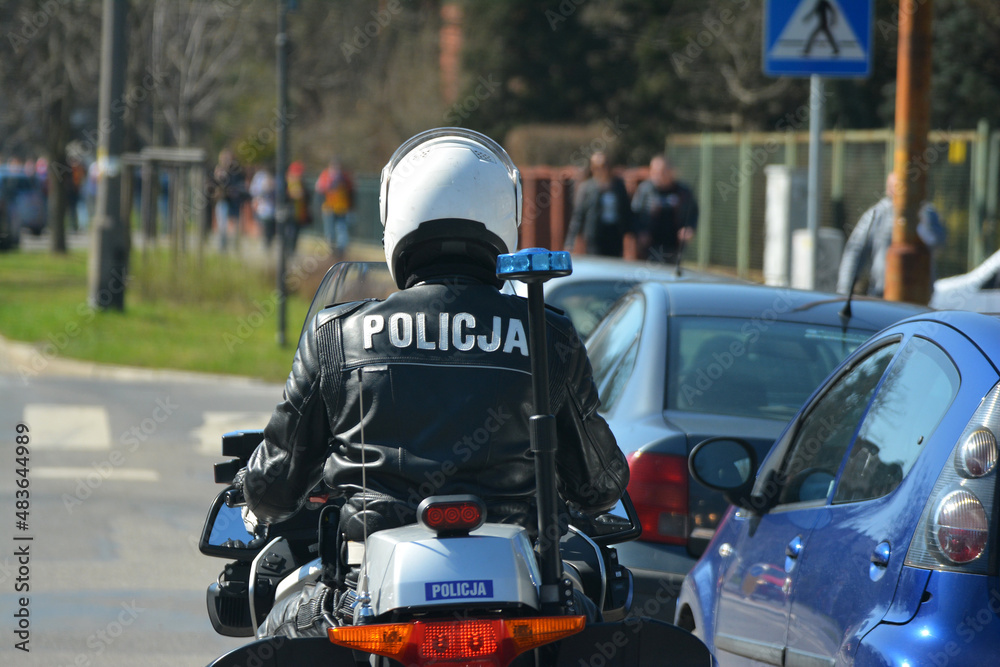 Policjanci na motocyklu podczas kontroli ruchu drogowego w mieście na drogach. - obrazy, fototapety, plakaty 
