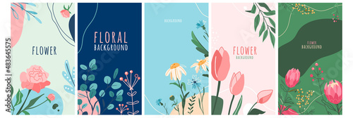 Flower vector background set. Spring floral patterns with line