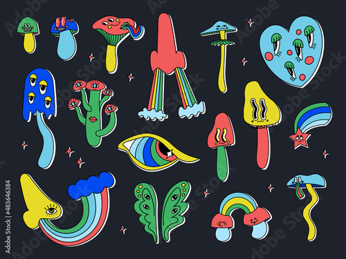 Set of classic psychedelic cartoon mushrooms with faces, eyes, tongues and cheeks, nose and eye with rainbow. Cute vector multicolor illustration for design. Hallucinatory elements.