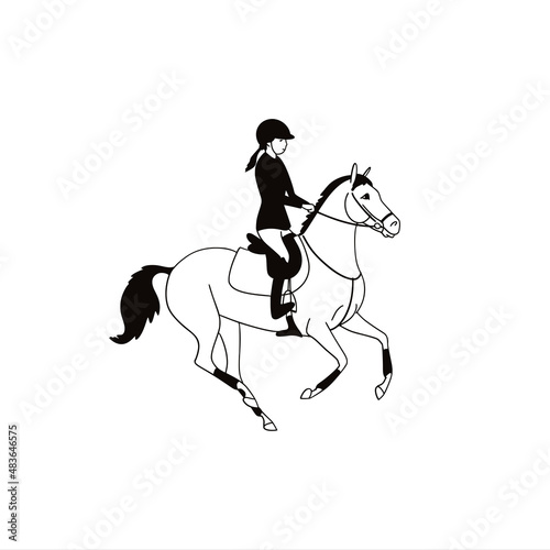 Black and white minimalist drawing of a teenager riding a pony © irinamaksimova