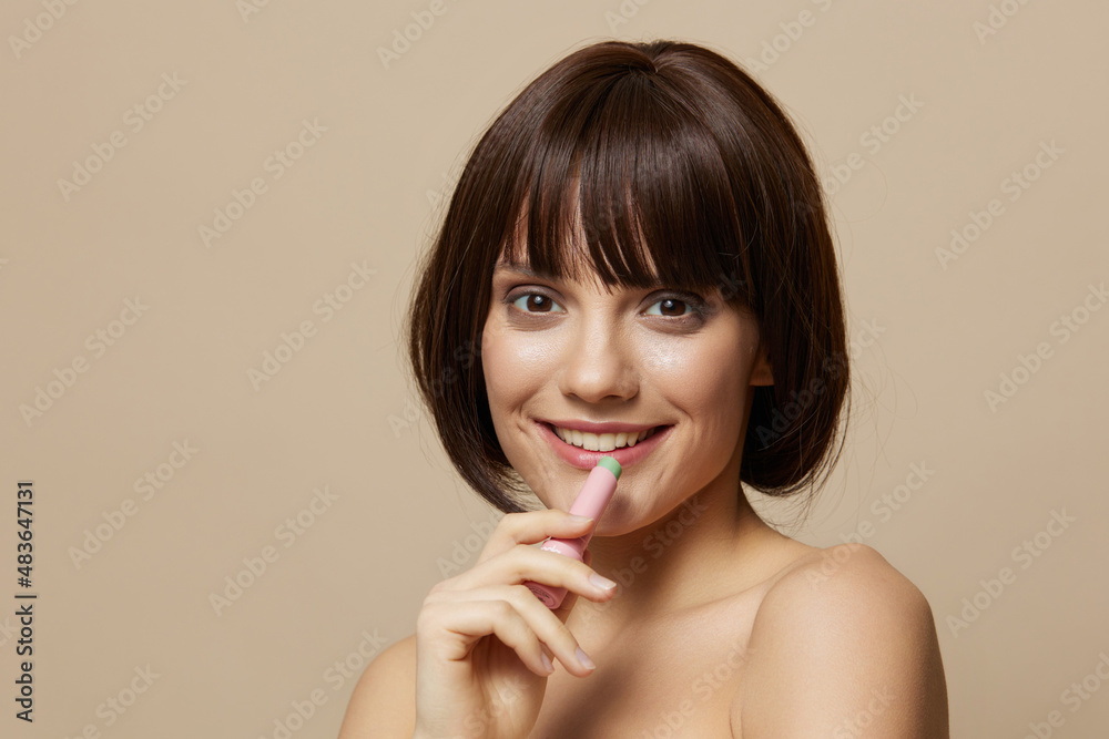 beautiful woman smile lip makeup charm short haircut isolated background beautiful woman smile lip makeup charm short haircut isolated background