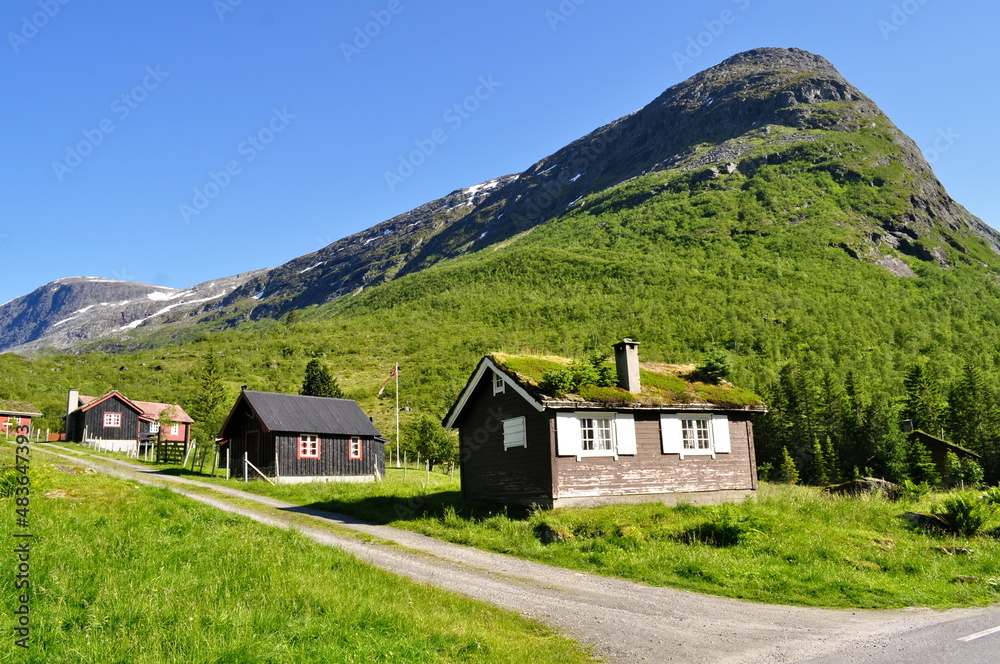 Wooden houses with grass on the roof. Typical Norwegian village houses in the countryside in the mountains.