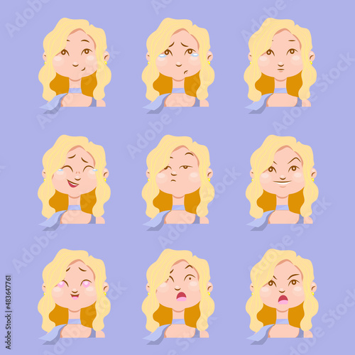 Illustration of blond woman with nine different emotions: happy, sad, indifferent, laughing, dissatisfied, insidious, in love, shocked/surprised, angry